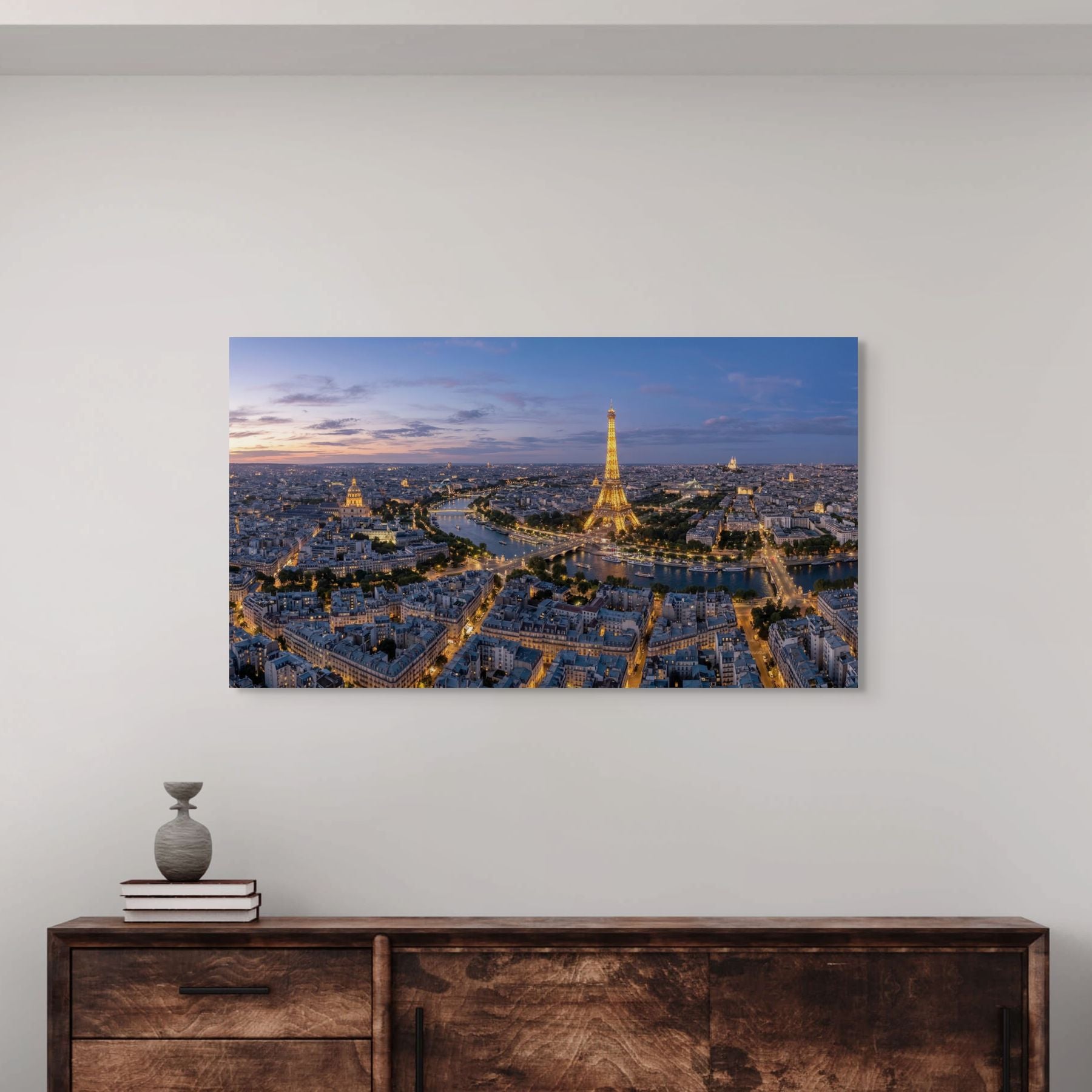 Paris aerial cityscape with Eiffel Tower and river at dusk wall art