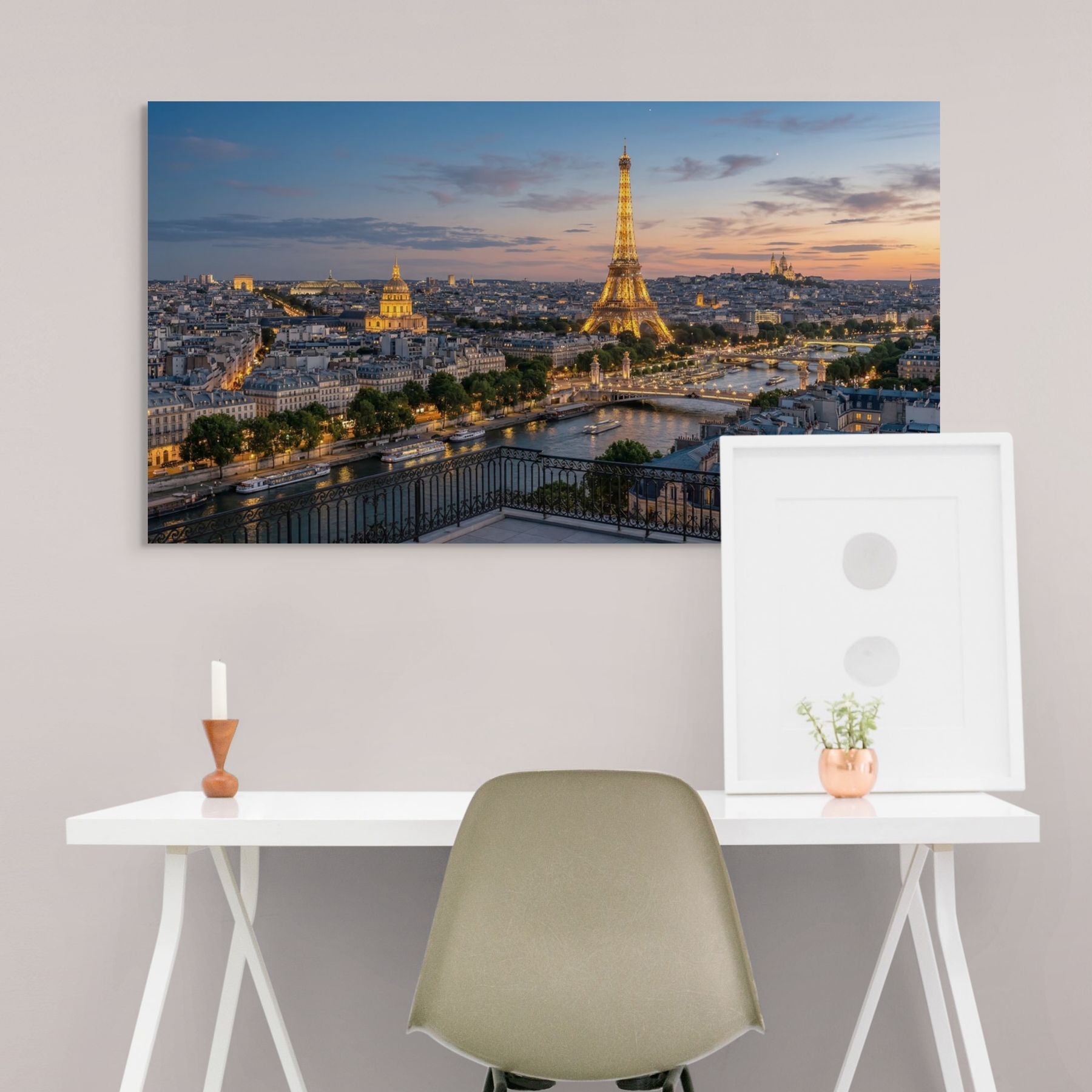Romantic Paris sunset with Eiffel Tower and river cityscape wall decor