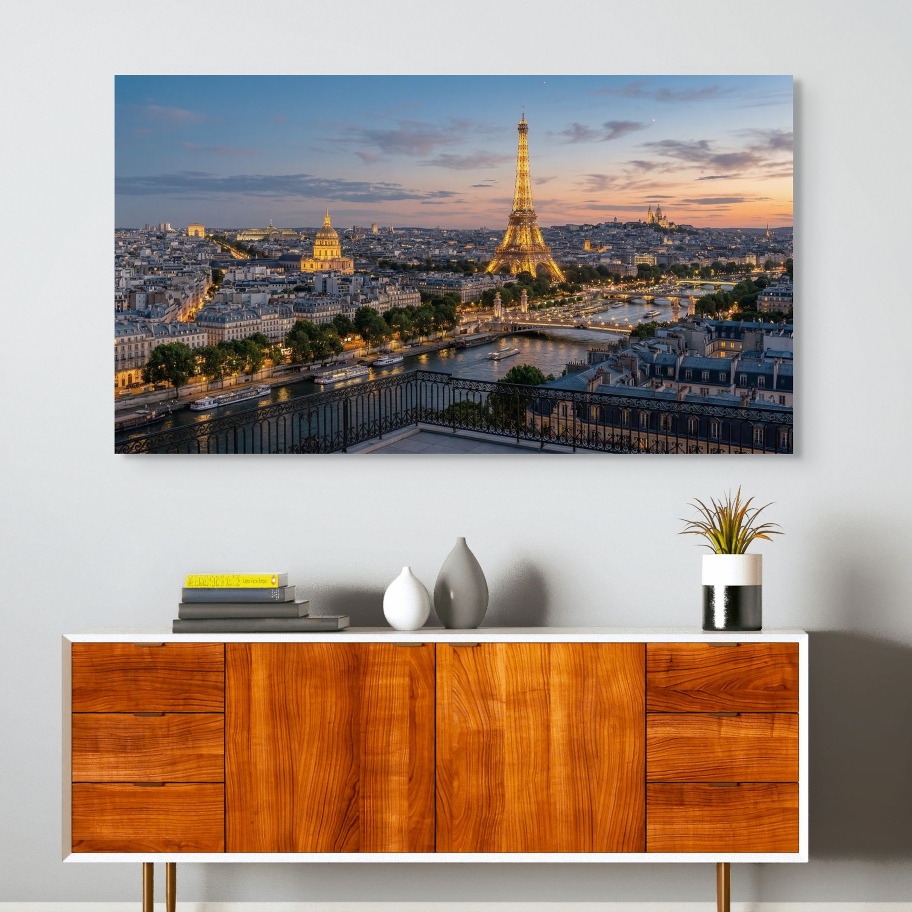 Eiffel Tower illuminated Paris skyline evening balcony view print