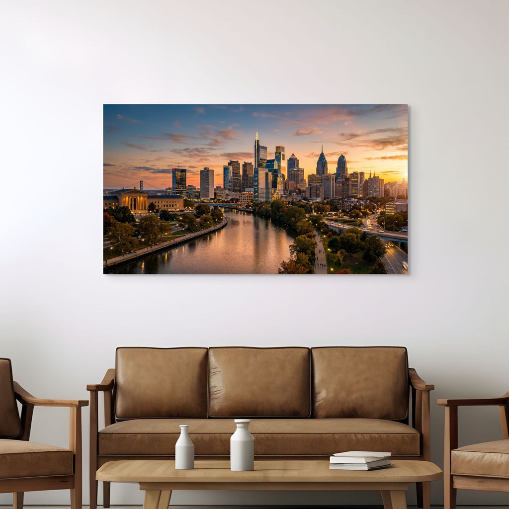 Philadelphia skyline at sunset wall art downtown Philly cityscape print