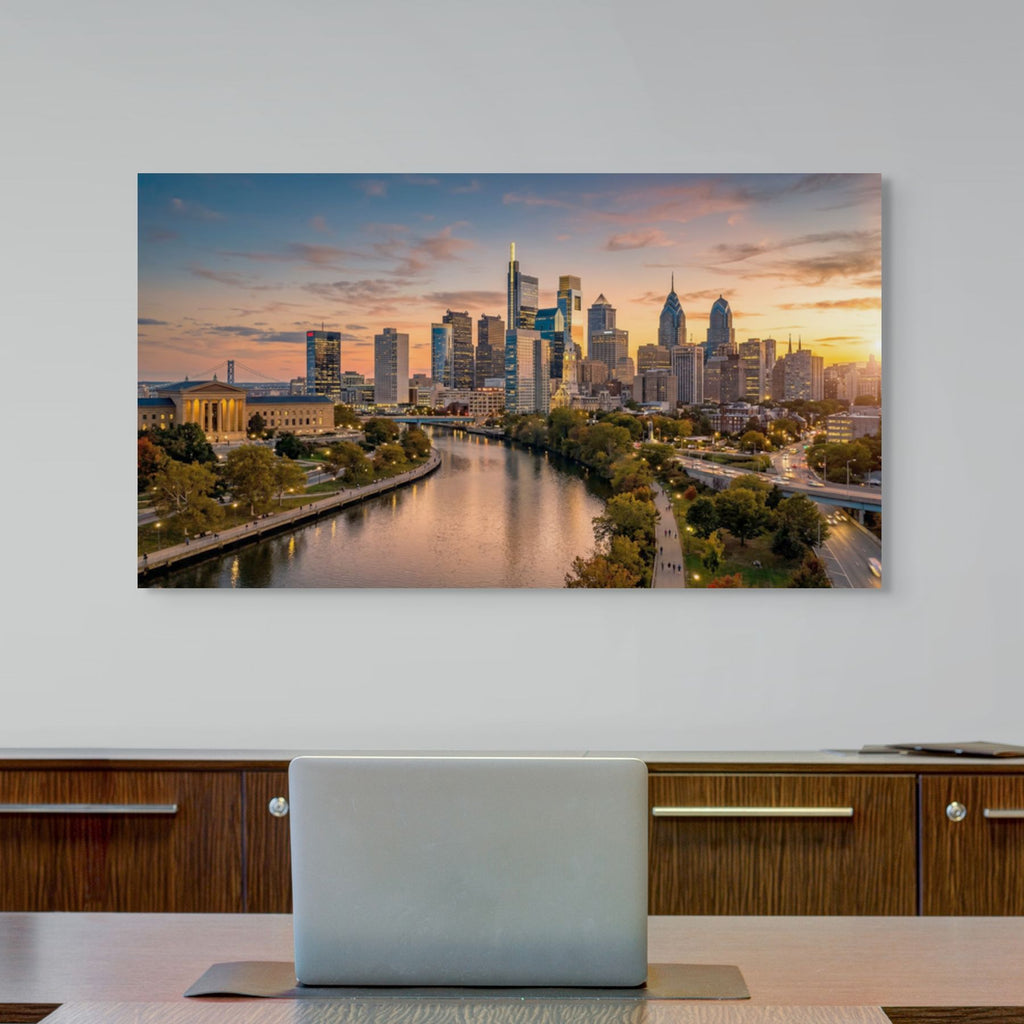 Philadelphia cityscape sunset Schuylkill River skyline print