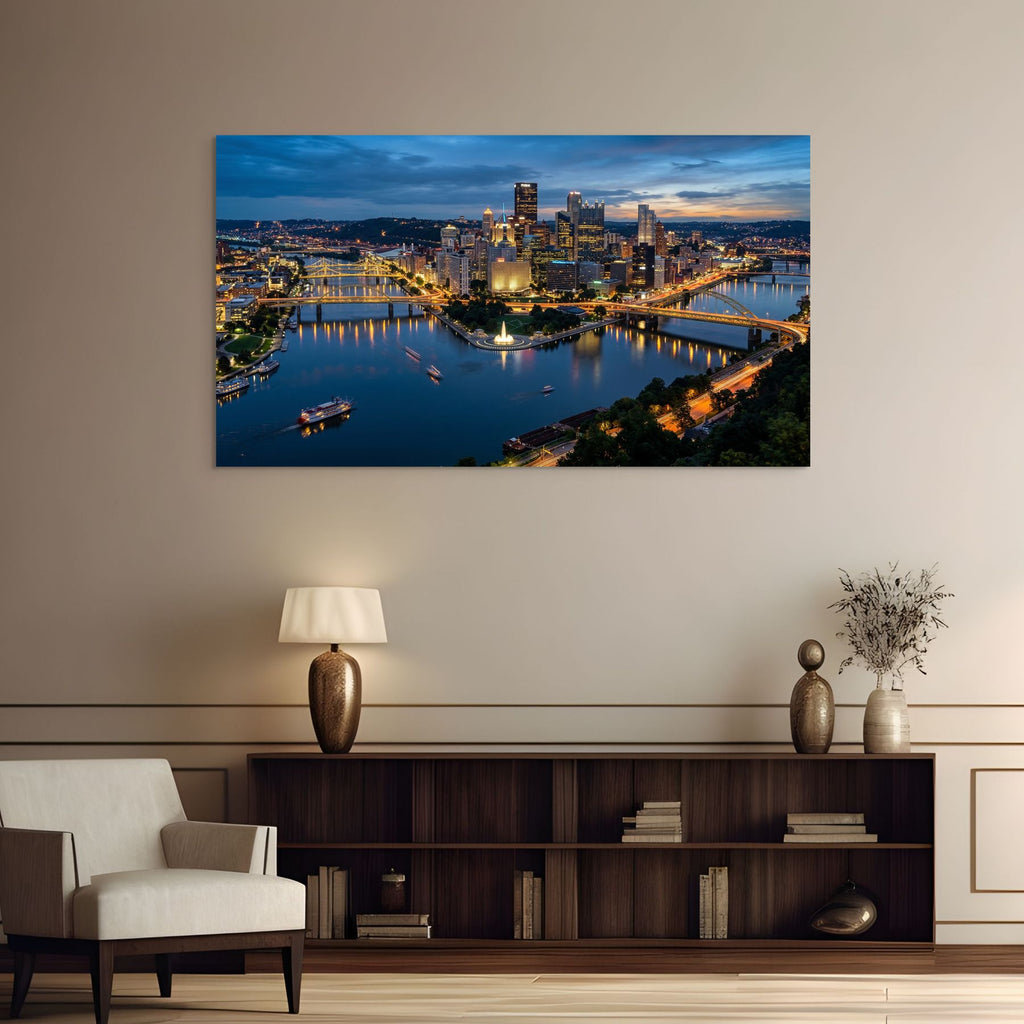 Philly skyline evening glow bridges urban wall decor