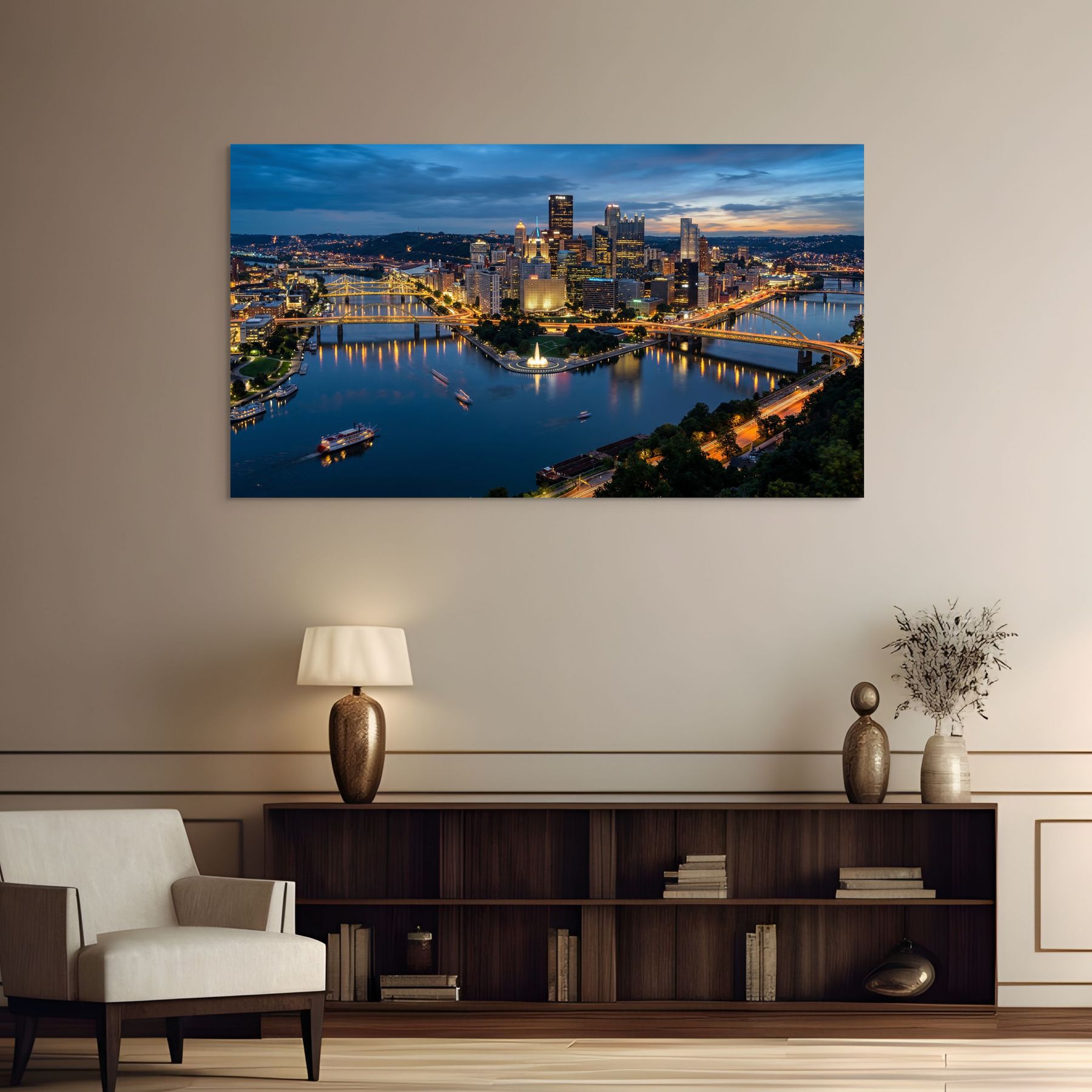 Philly skyline evening glow bridges urban wall decor