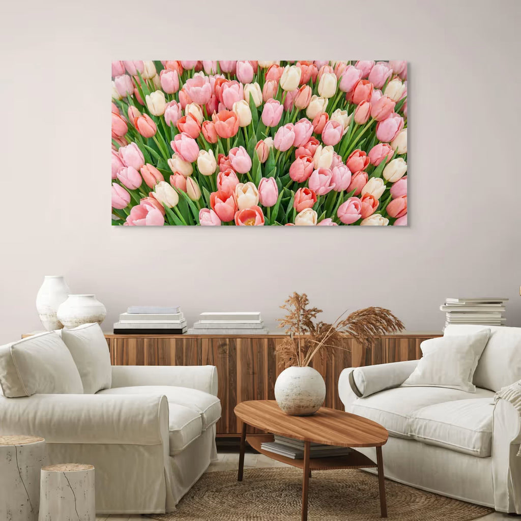 Pink Tulip Garden Canvas Wall Art Flowers Soft Floral Field Canvas Print, Botanical Nature Wall Decor