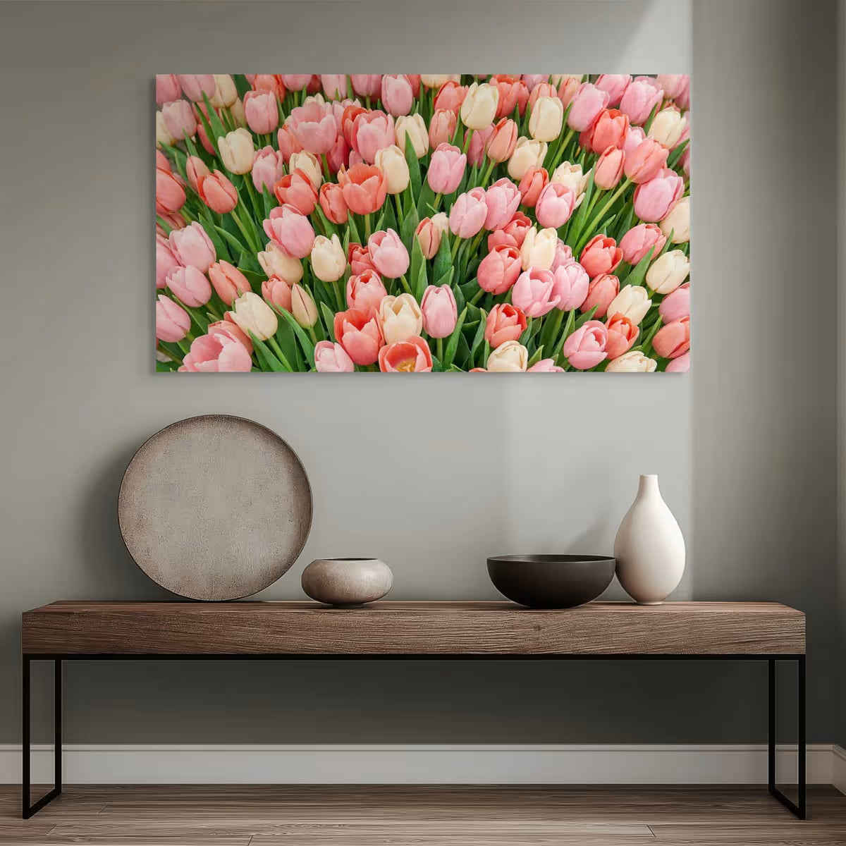Pink Tulip Garden Canvas Wall Art Flowers Soft Floral Field Canvas Print, Botanical Nature Wall Decor