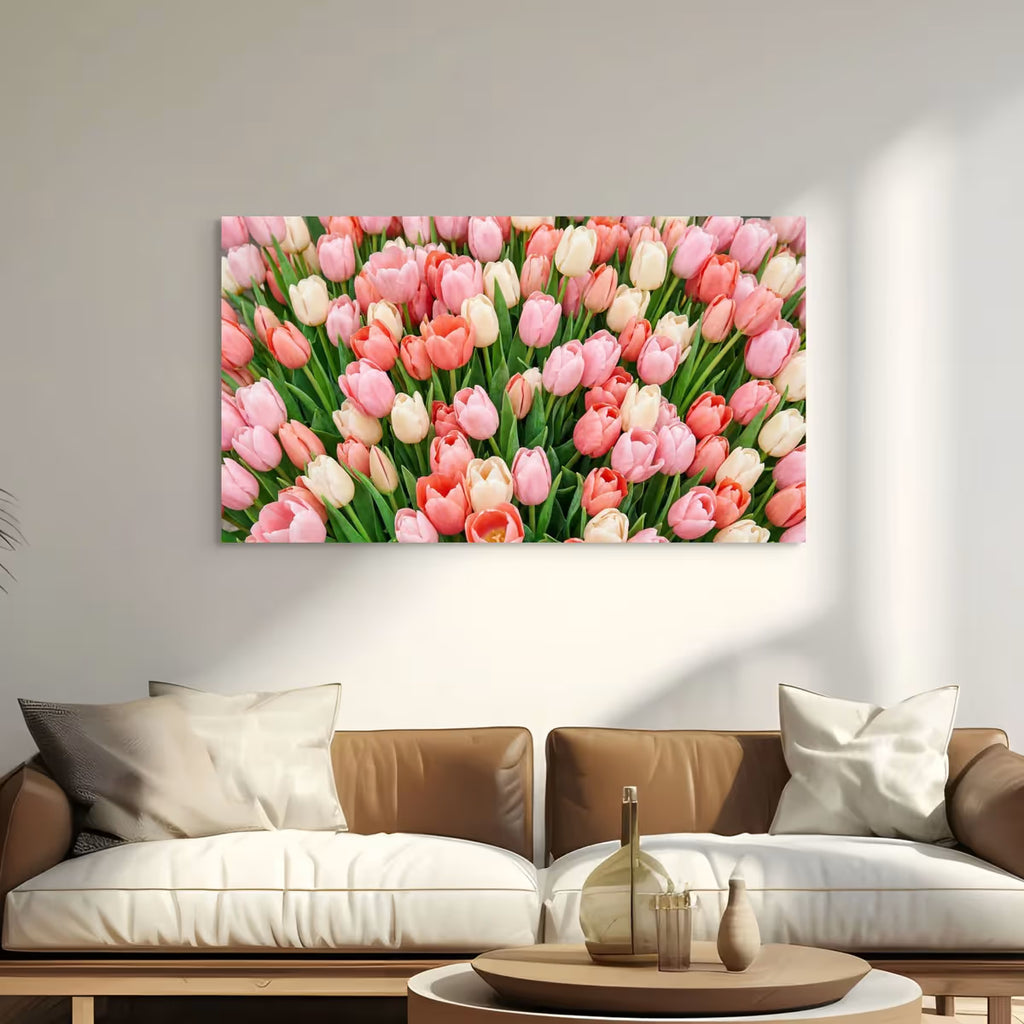 Pink Tulip Garden Canvas Wall Art Flowers Soft Floral Field Canvas Print, Botanical Nature Wall Decor
