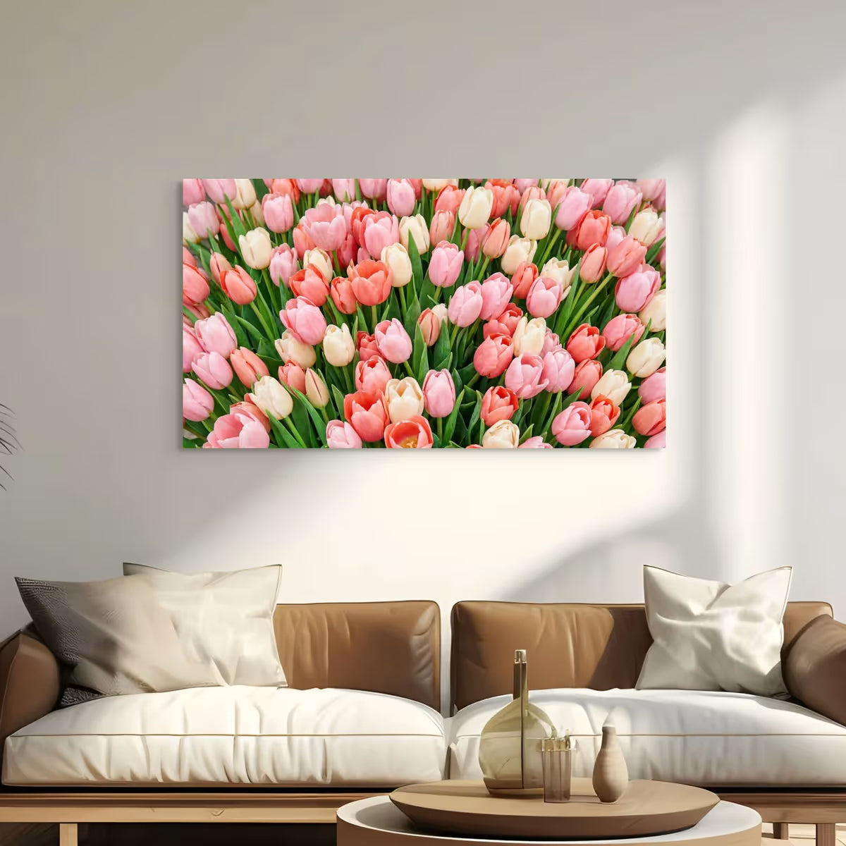 Pink Tulip Garden Canvas Wall Art Flowers Soft Floral Field Canvas Print, Botanical Nature Wall Decor