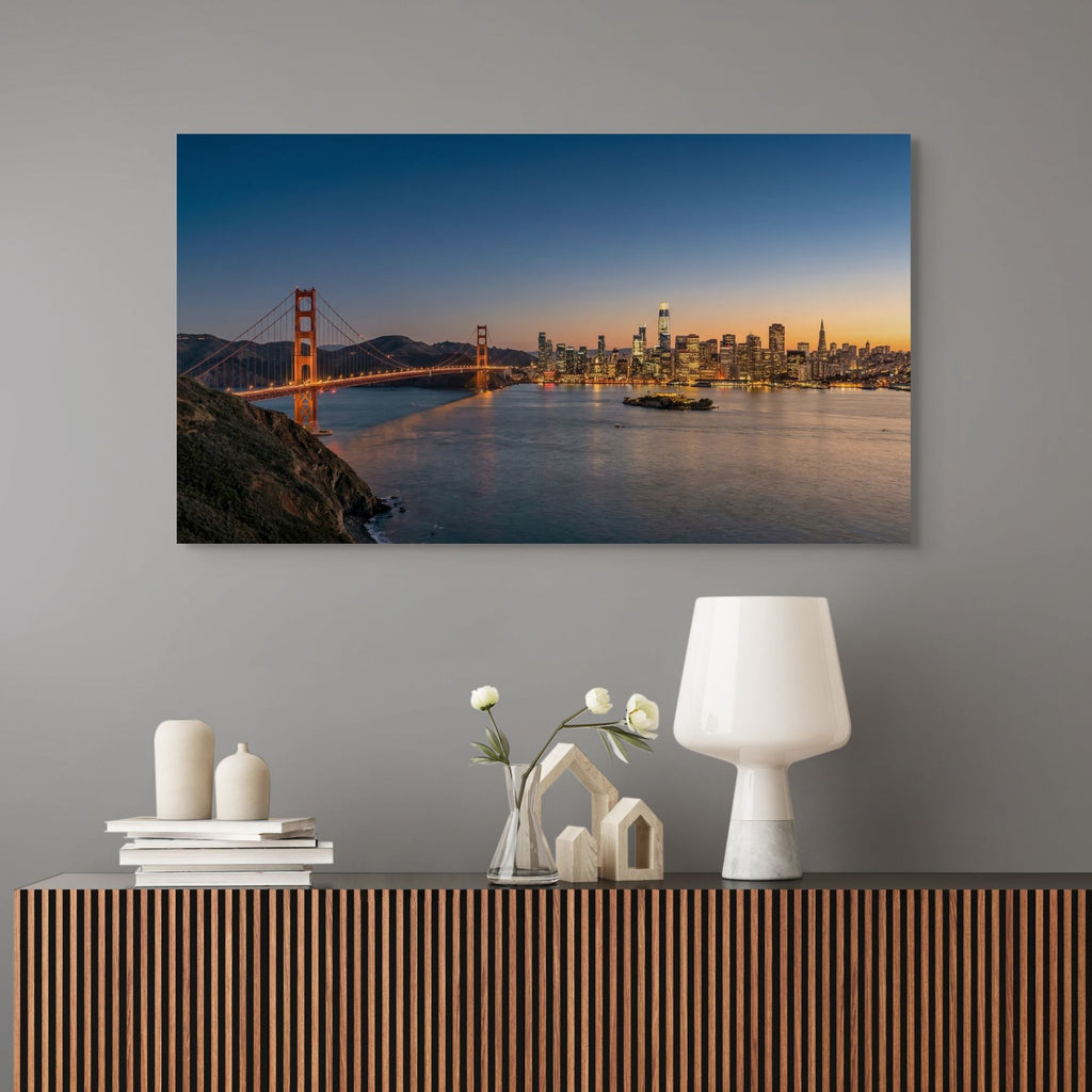 Golden Gate Bridge cityscape evening lights wall art