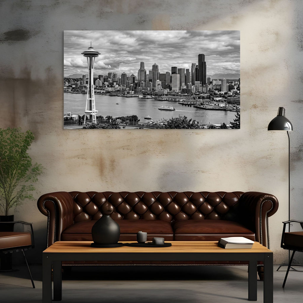 Seattle skyline black and white with Space Needle cityscape wall art