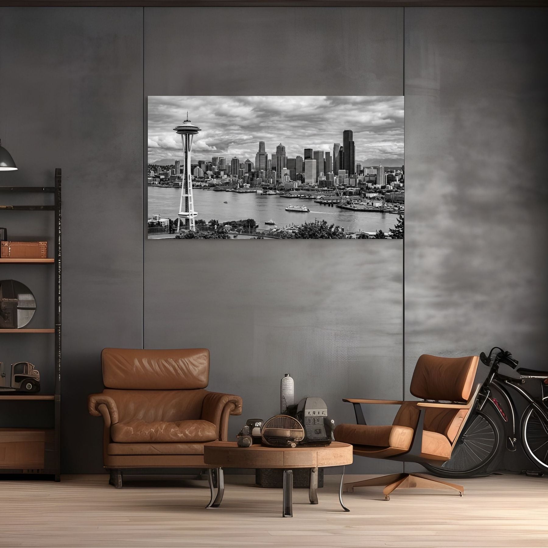 Seattle skyline panoramic monochrome view Space Needle wall art