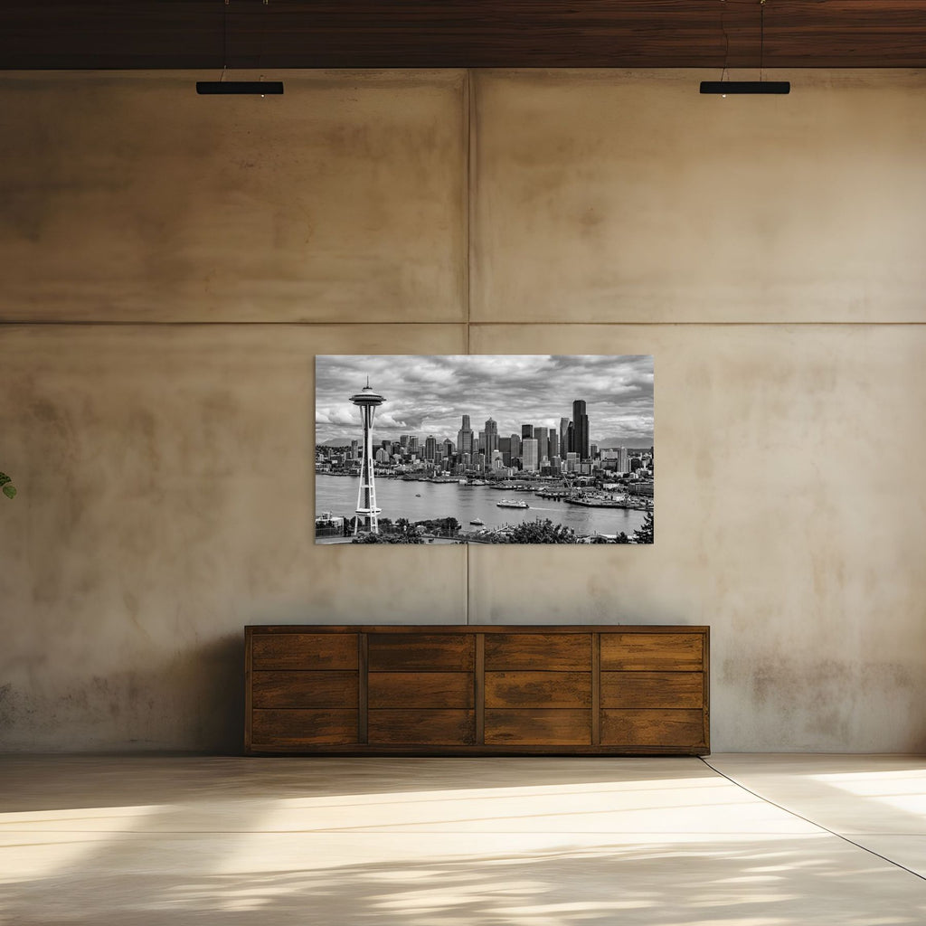 Seattle cityscape black and white skyline with waterfront and ferries