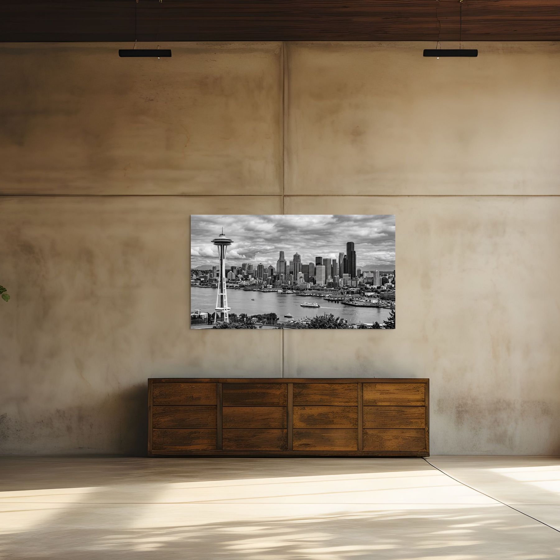 Seattle cityscape black and white skyline with waterfront and ferries