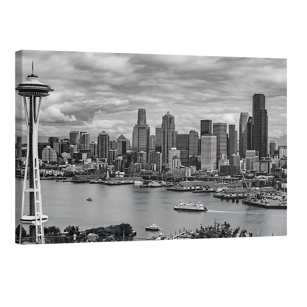 Seattle skyline black and white wall art Space Needle cityscape Seattle Washington waterfront print