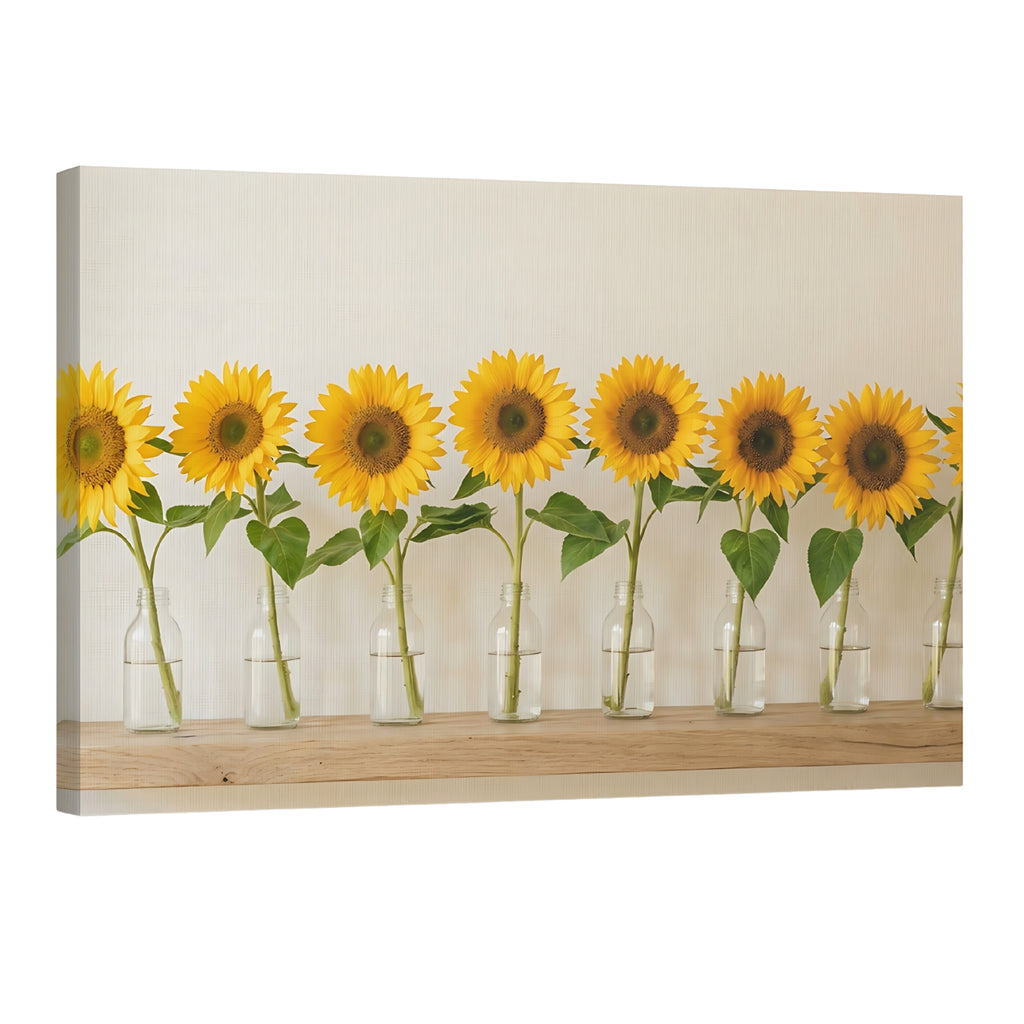 Sunflower row in glass bottles on wooden shelf, rustic floral wall art decor for modern home