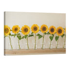 Sunflower row in glass bottles on wooden shelf, rustic floral wall art decor for modern home
