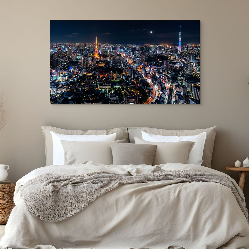 Tokyo Tower and Skytree skyline night view print