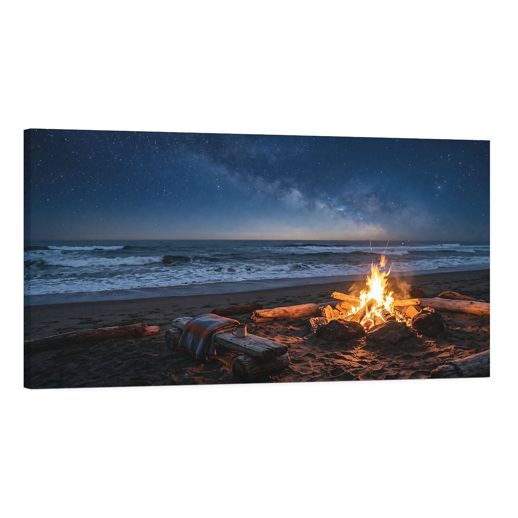 Beach Bonfire Canvas Wall Art – Night Ocean Campfire Landscape Print