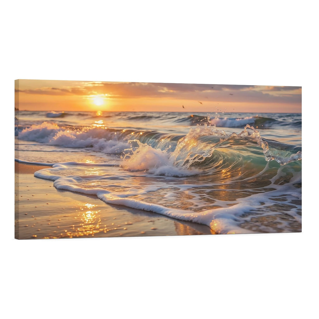 Golden Sunrise Beach Canvas Wall Art Ocean Waves Seascape Print