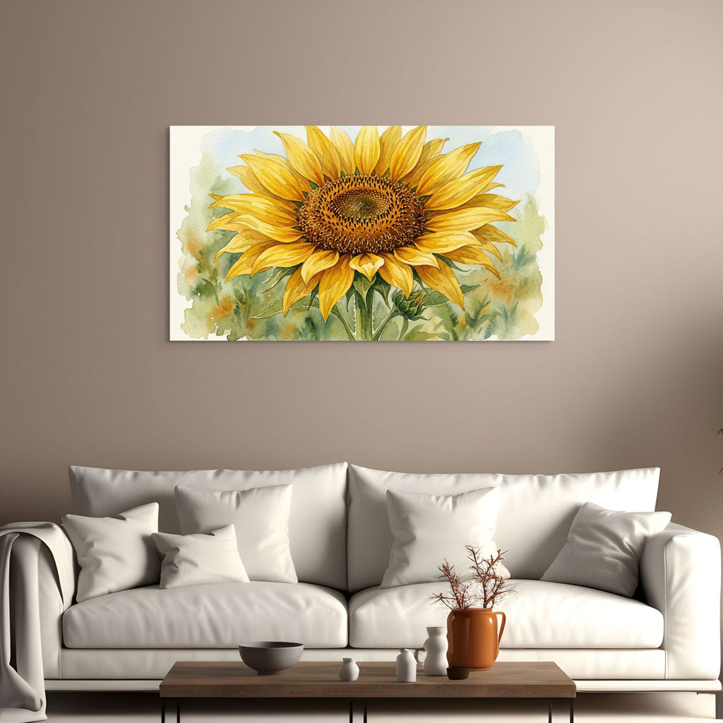 Yellow sunflower painting, botanical watercolor wall decor