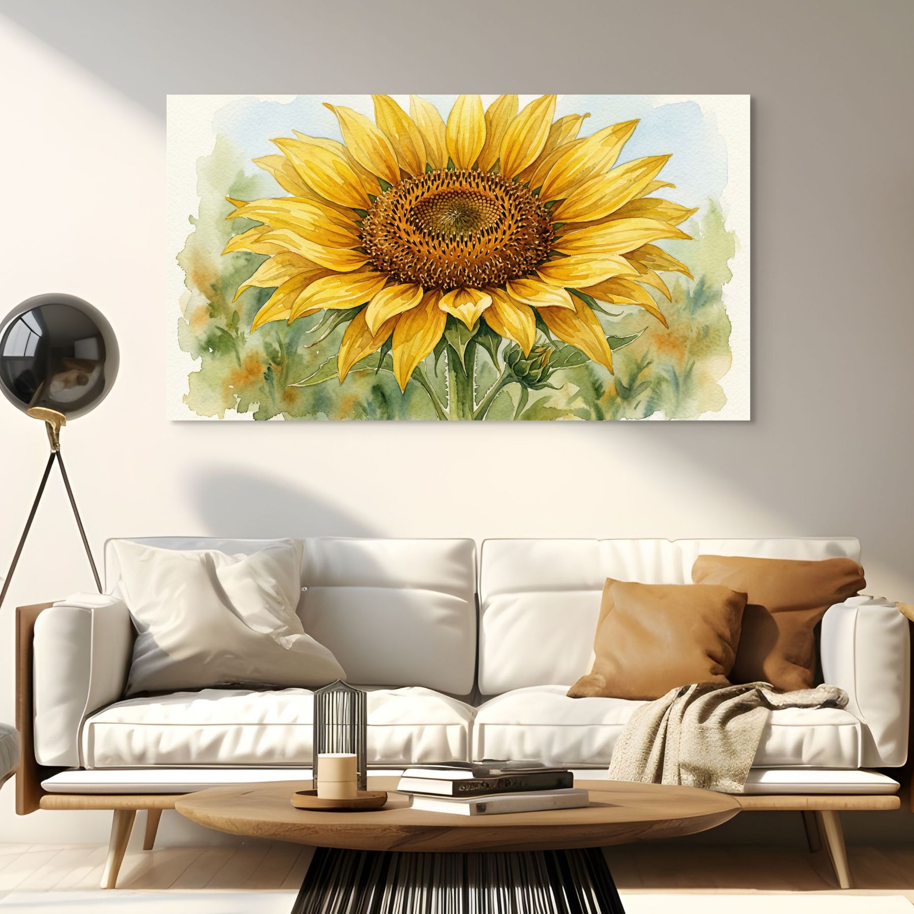 Yellow floral watercolor painting, nature-inspired wall decor