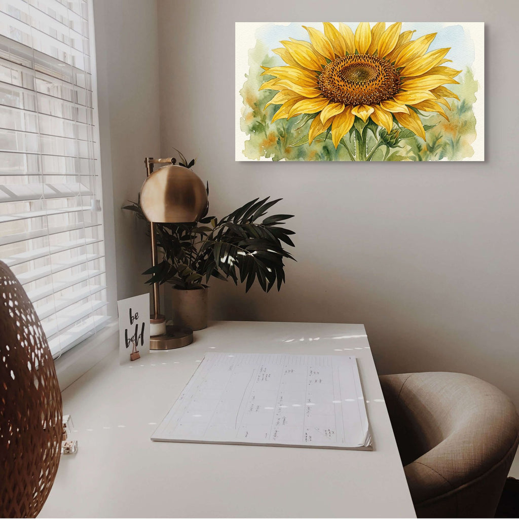 Watercolor sunflower artwork, bright botanical home decor