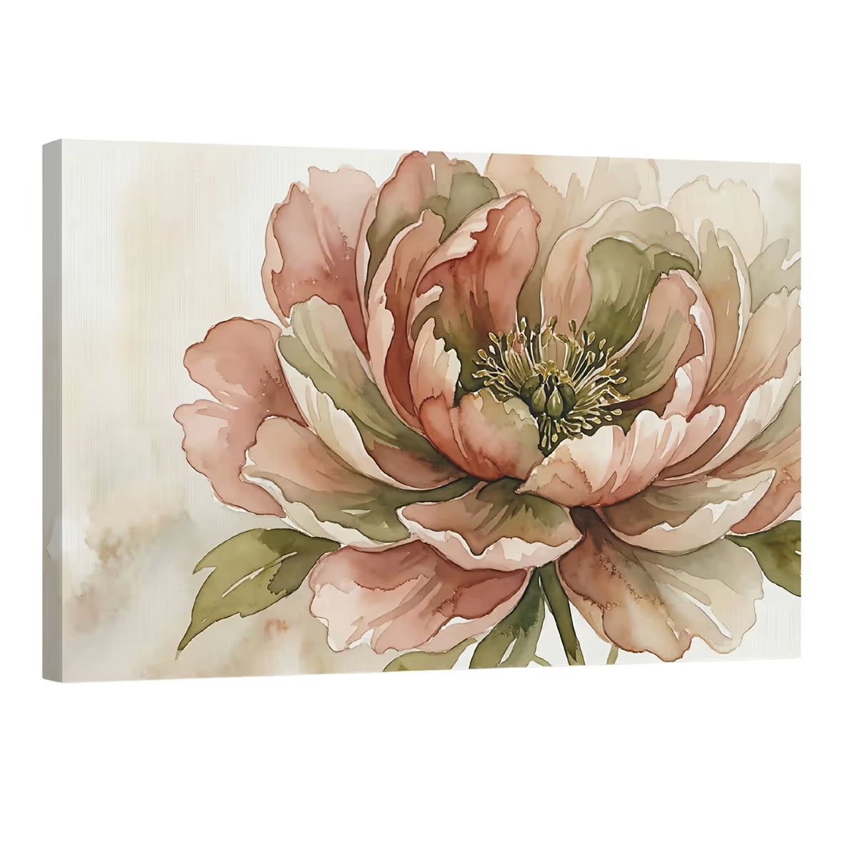 Earth-Tone Peony Canvas Wall Art Neutral Watercolor Floral Painting for Elegant Decor