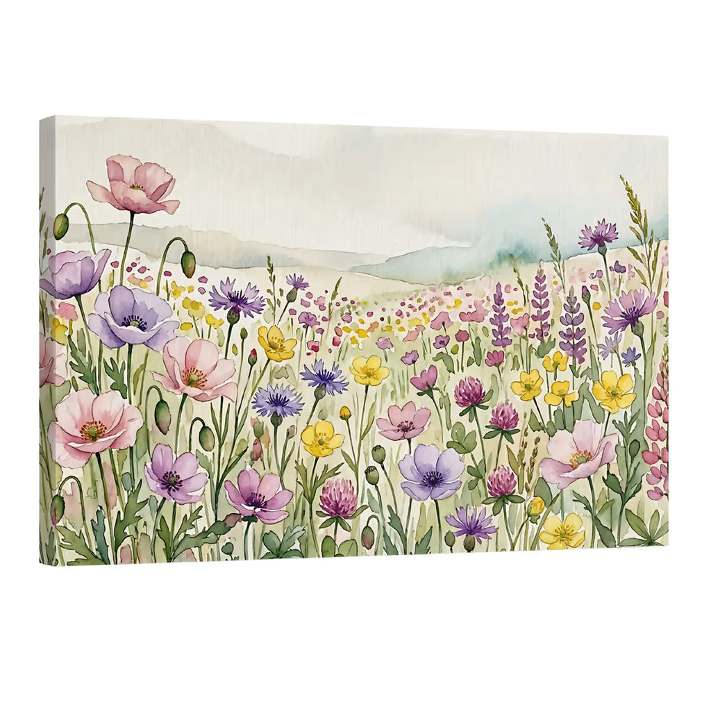 Wildflower Meadow Canvas Wall Art Colorful Watercolor Floral Landscape Print