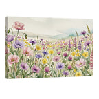 Watercolor wildflower meadow wall art, colorful floral landscape canvas decor for modern home