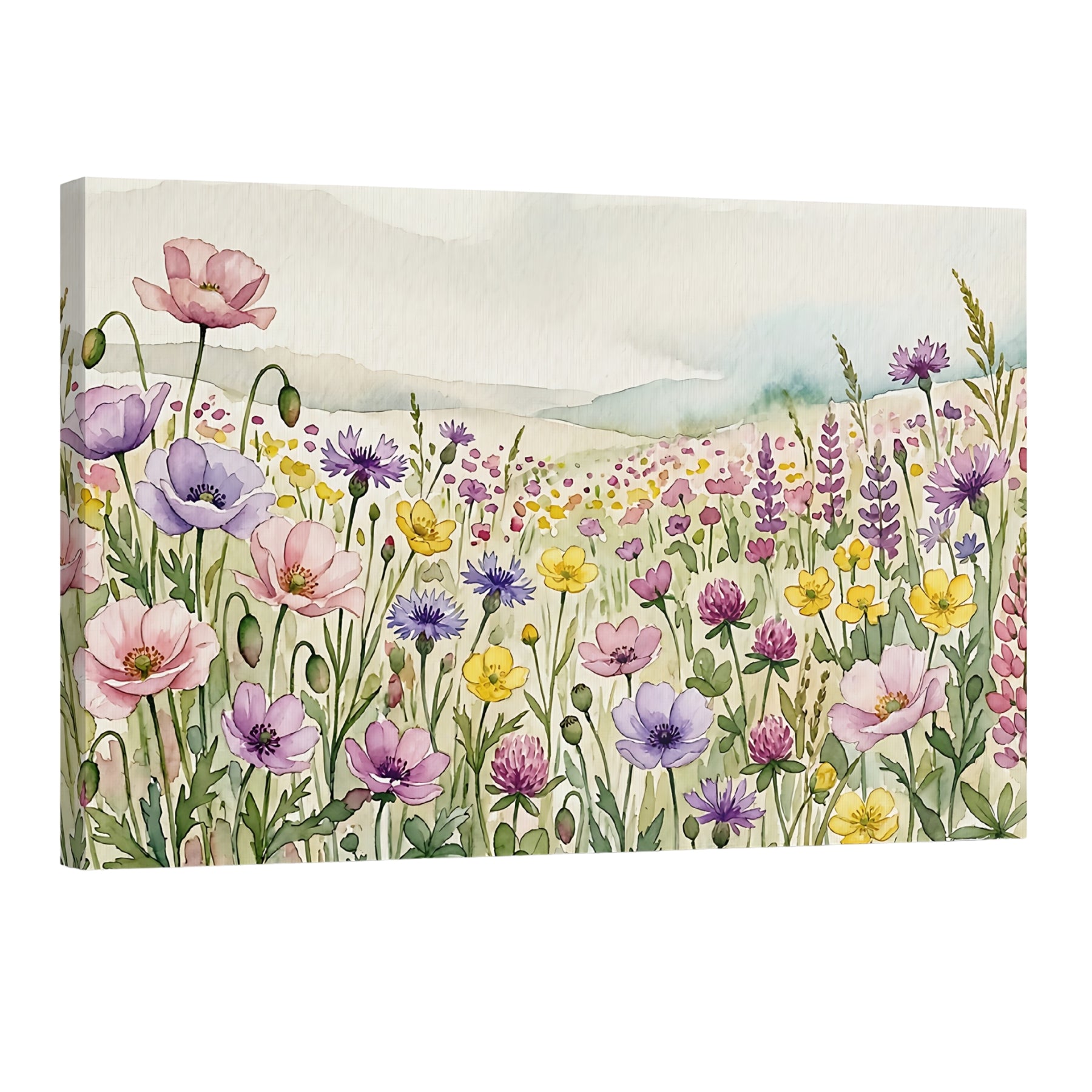 Watercolor wildflower meadow wall art, colorful floral landscape canvas decor for modern home