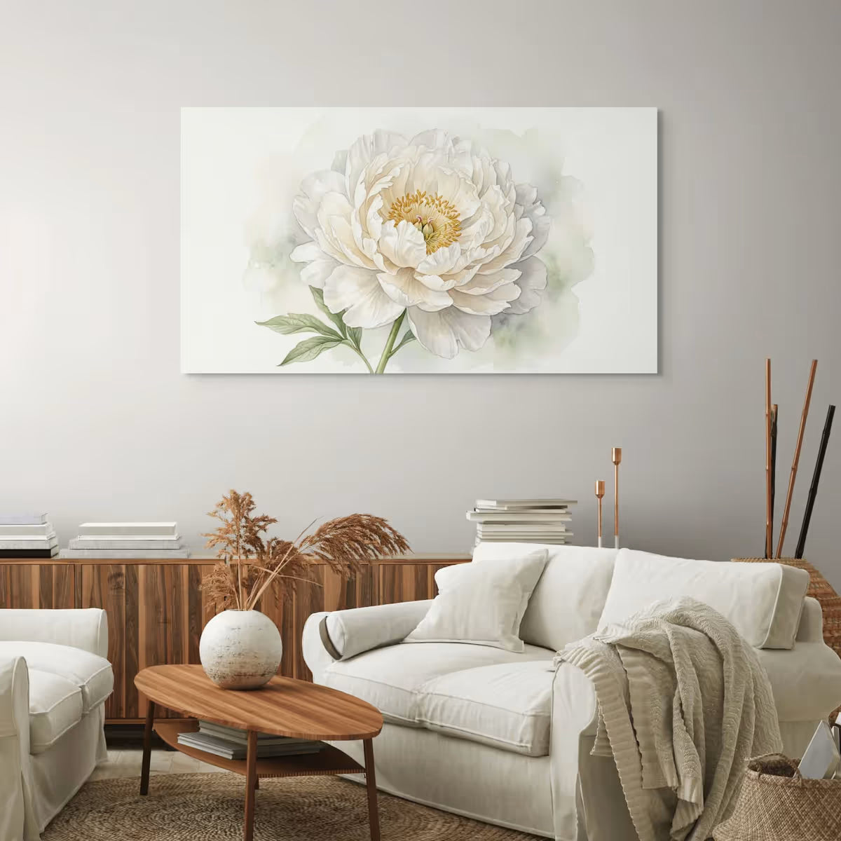 White Peony Canvas Wall Art Elegant Neutral Watercolor Floral Painting