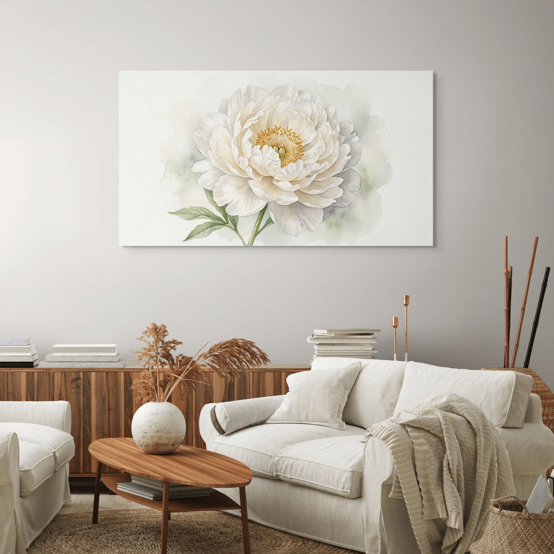 Cream peony painting, neutral botanical wall decor