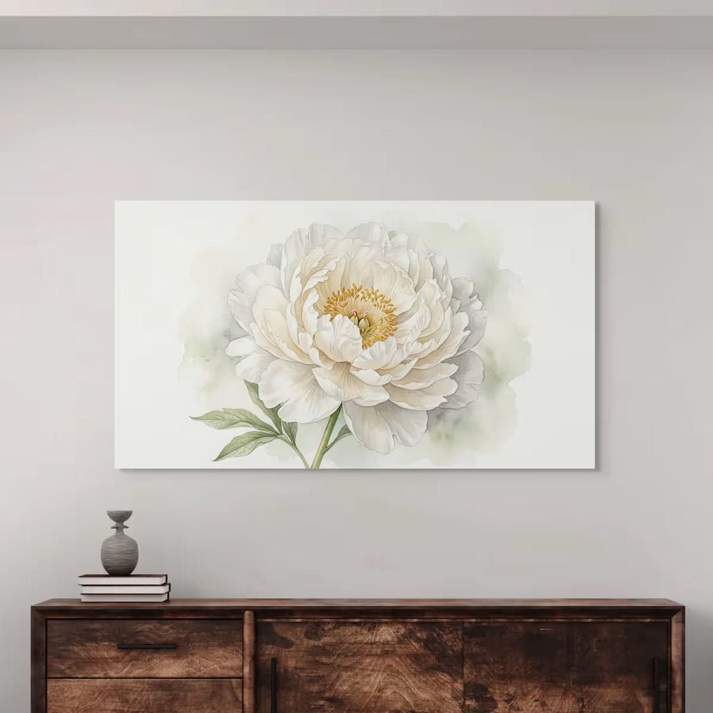 White Peony Canvas Wall Art Elegant Neutral Watercolor Floral Painting