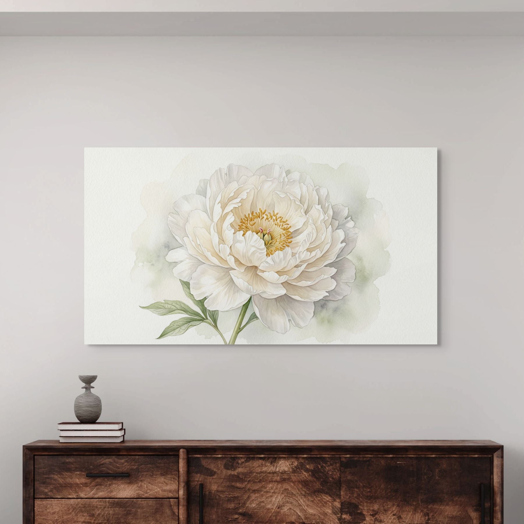 White floral watercolor print, minimalist peony wall art