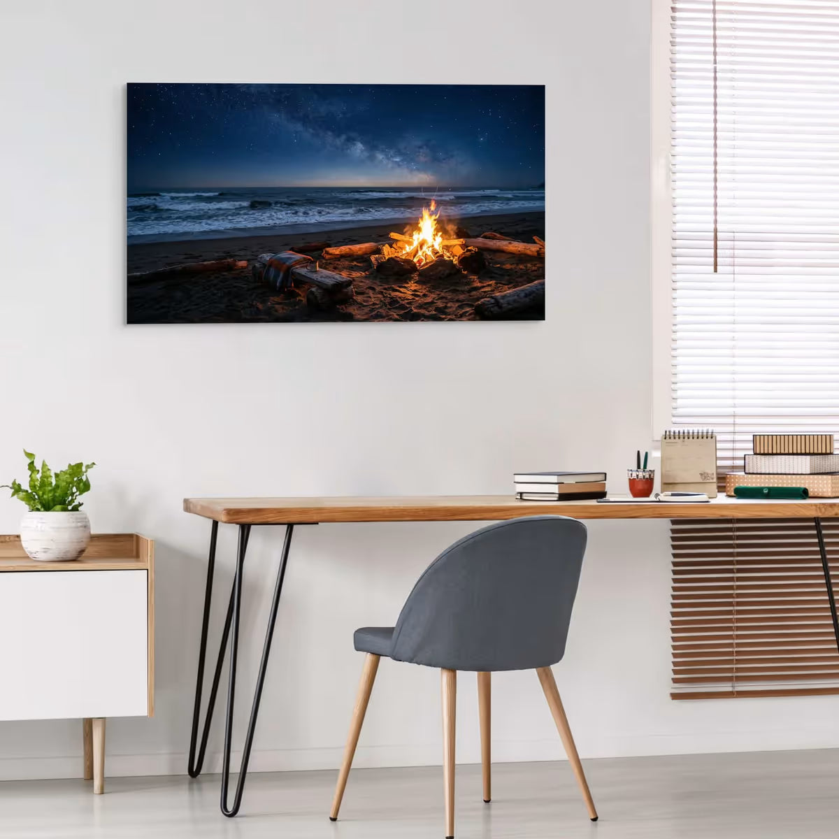 Beach Bonfire Canvas Wall Art Night Ocean Campfire Landscape Print