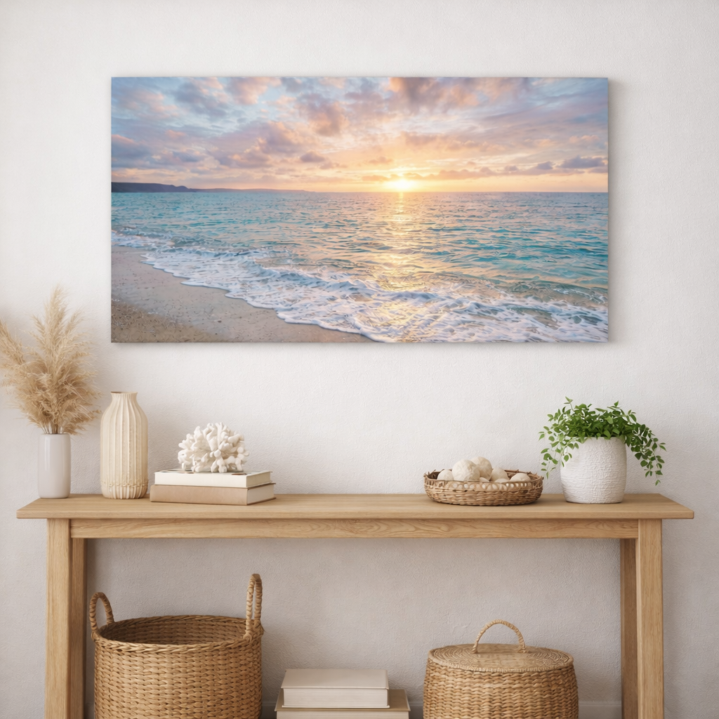 Beach scene painting on a wall above a wooden console table with decorative items.