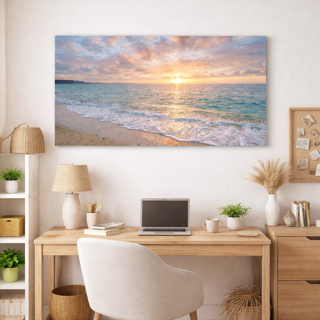 Home office with a desk, chair, and large beach scene painting on the wall. Main image