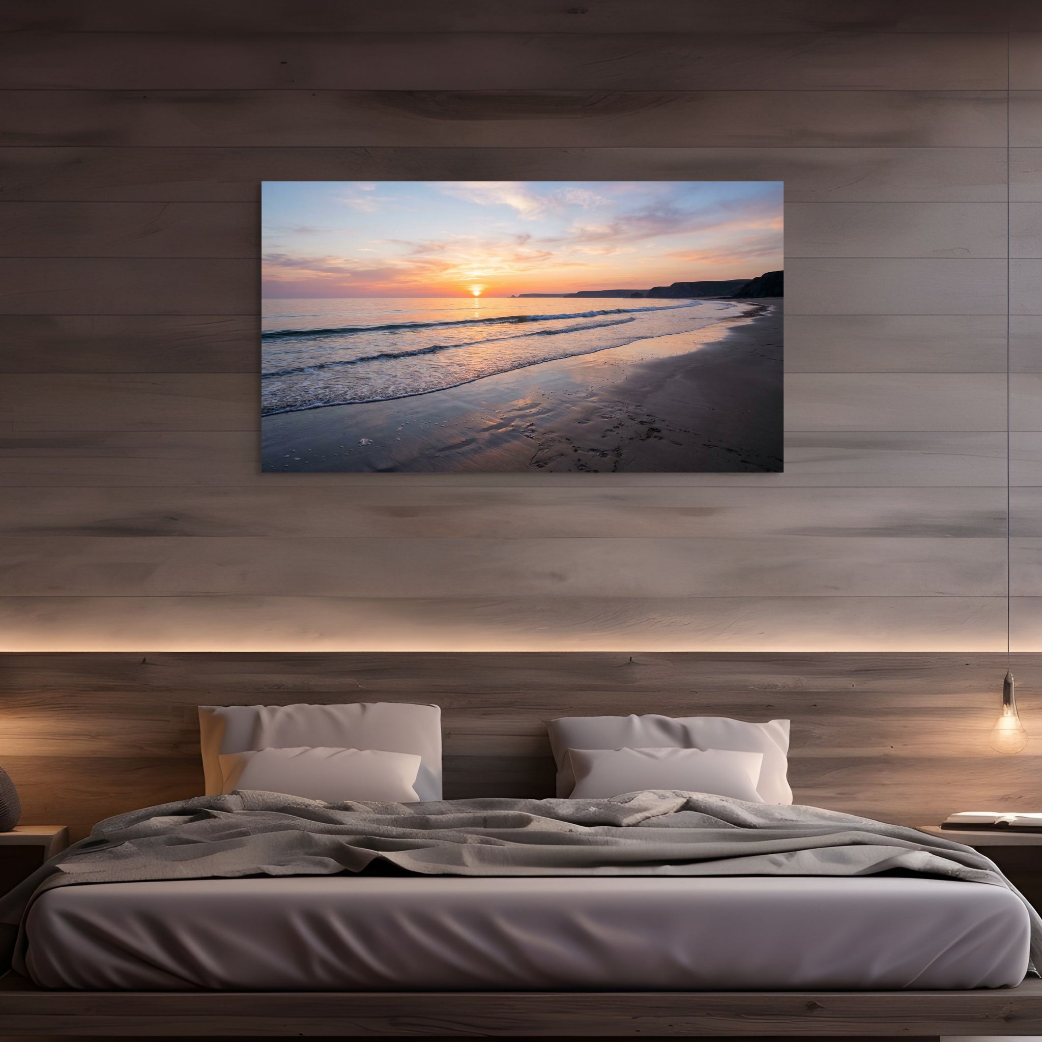 Beach sunrise canvas wall art with gentle ocean waves in modern bedroom.