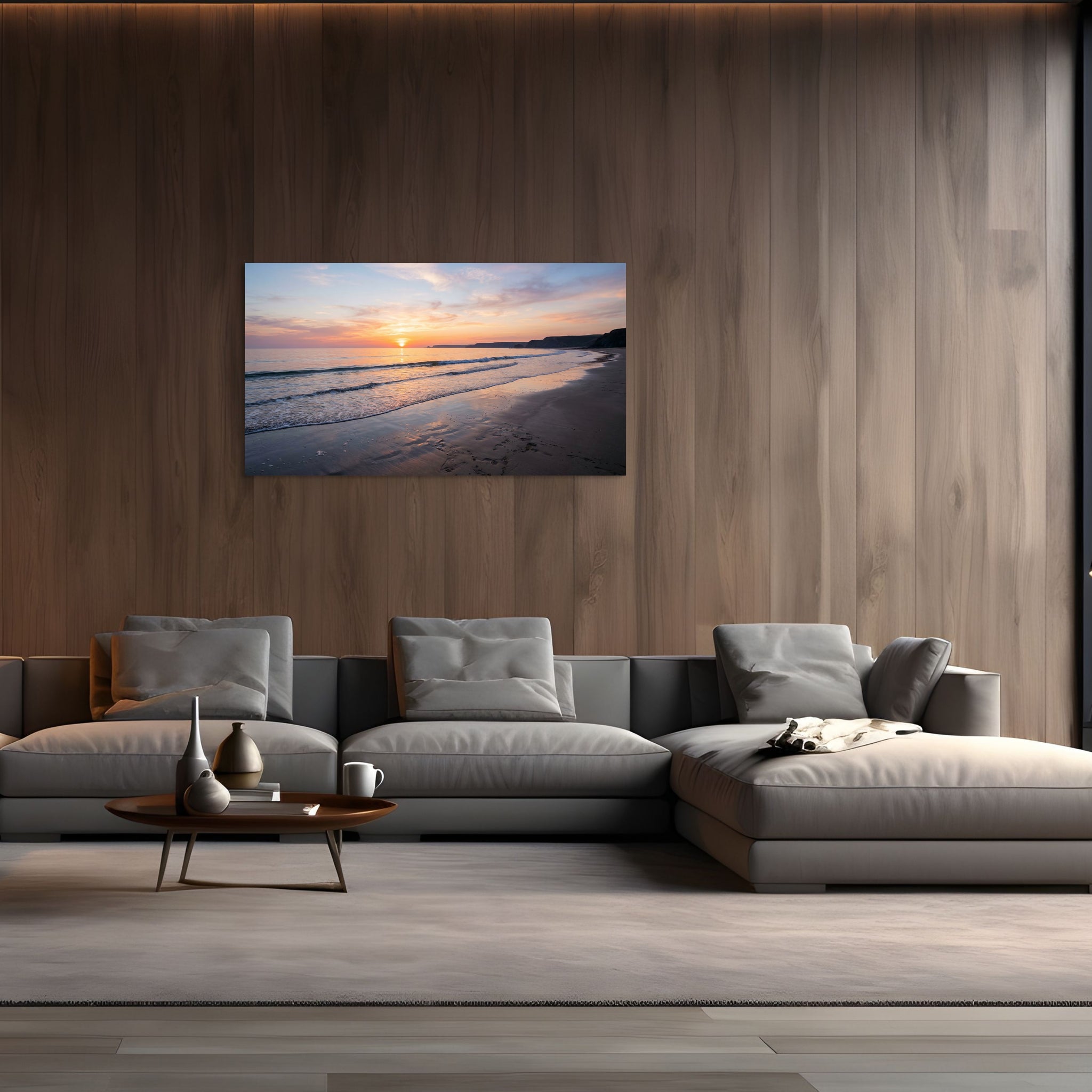 Modern living room with a large wall art displaying a beach sunset, gray sectional sofa, and wooden coffee table.