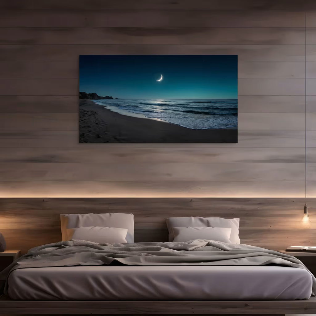 Crescent Moon Beach Canvas Wall Art Night Ocean Seascape Print