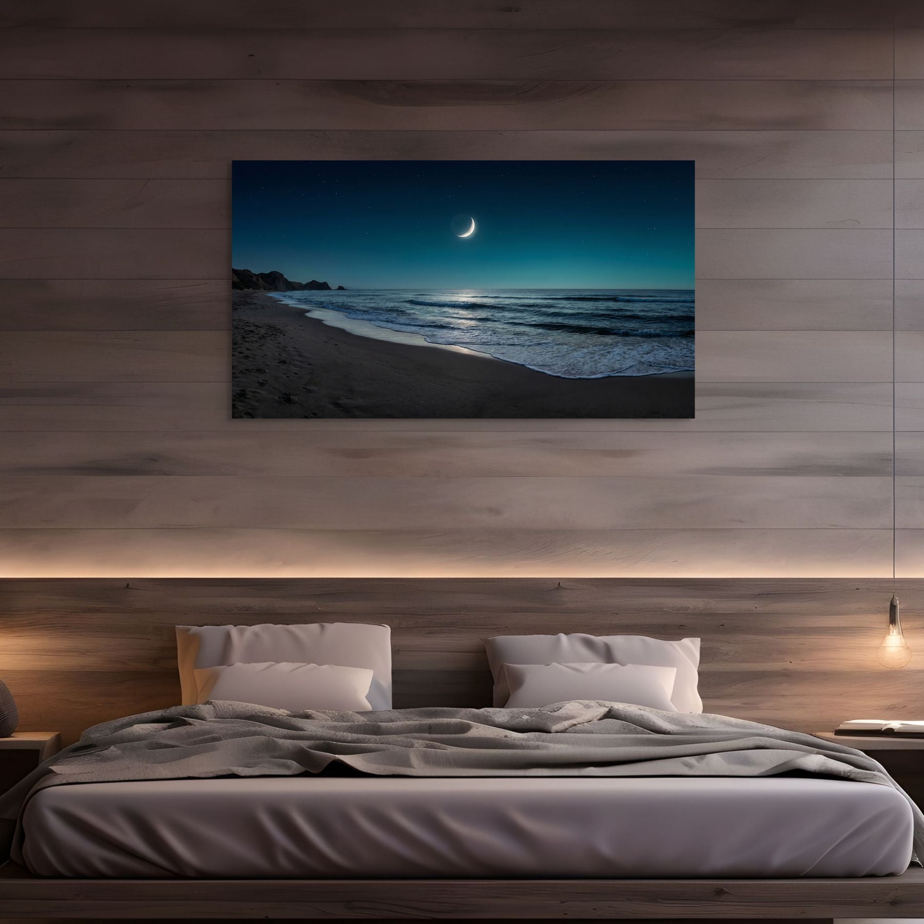 Crescent Moon Beach Canvas Wall Art – Night Ocean Seascape Print Secondary image