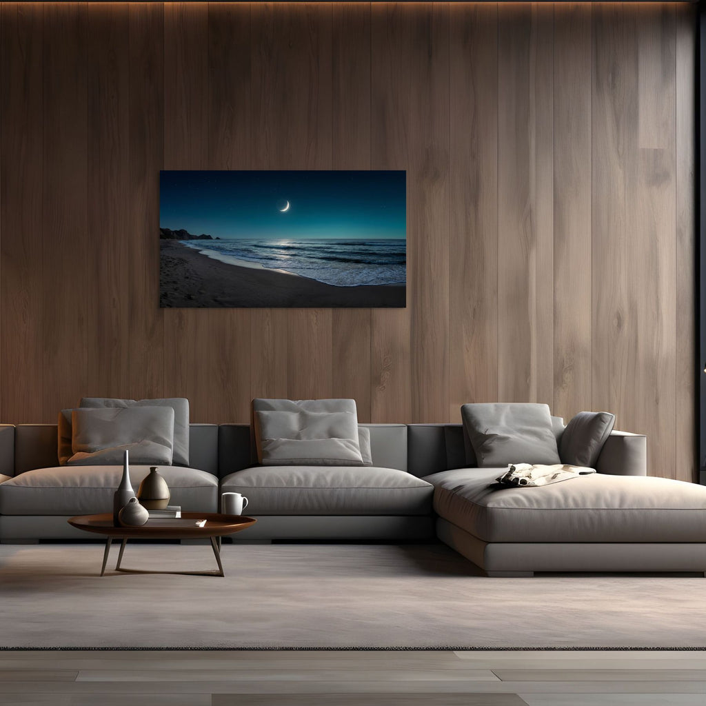 Modern living room with a gray sectional sofa and a wall-mounted painting of a beach scene.