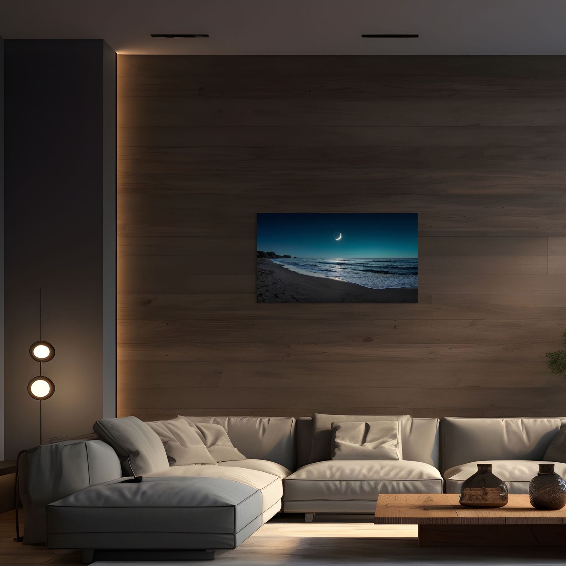 Modern living room with a large TV displaying a beach scene, gray sectional sofa, and wooden coffee table.