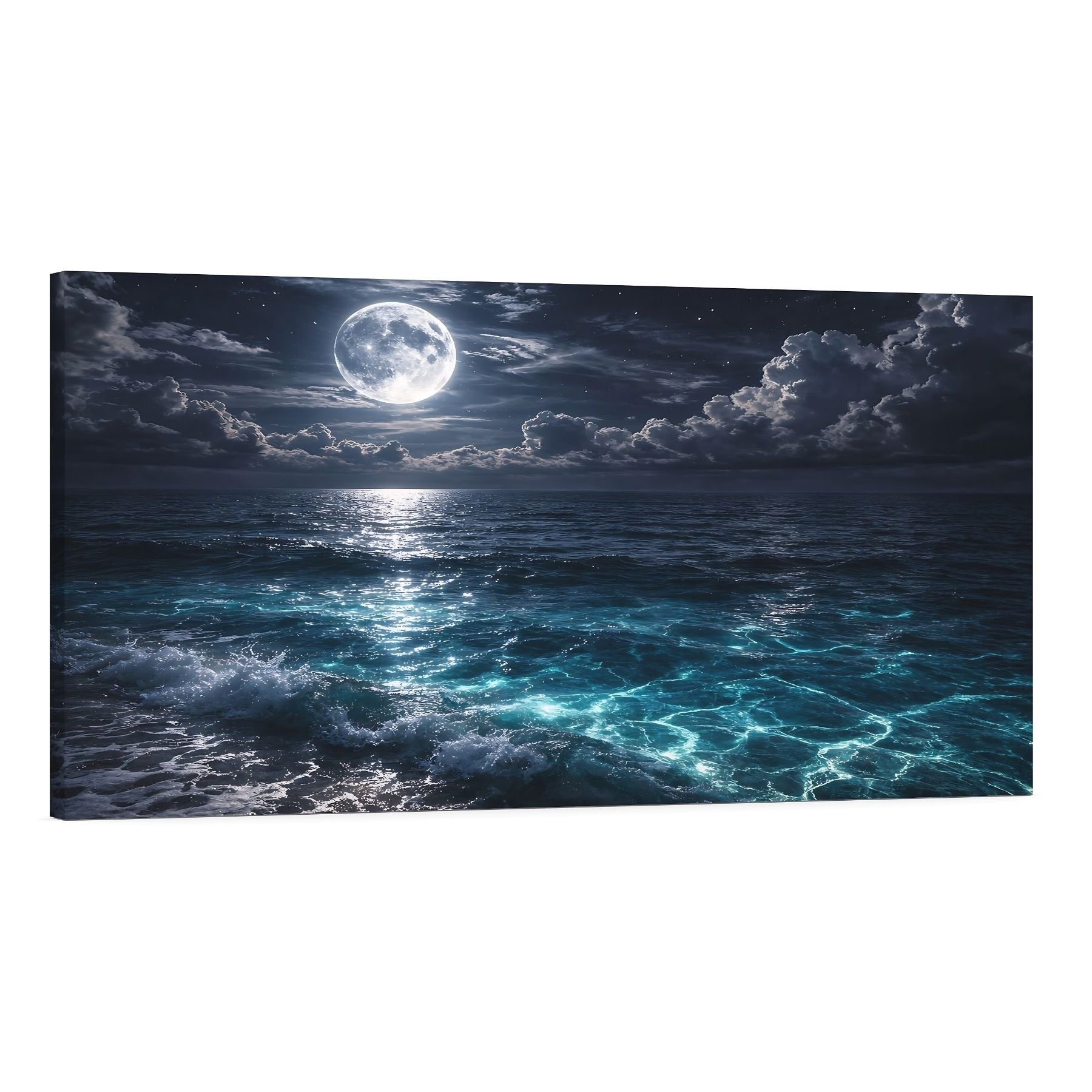 Beach view with crescent moon glowing above ocean. Main image