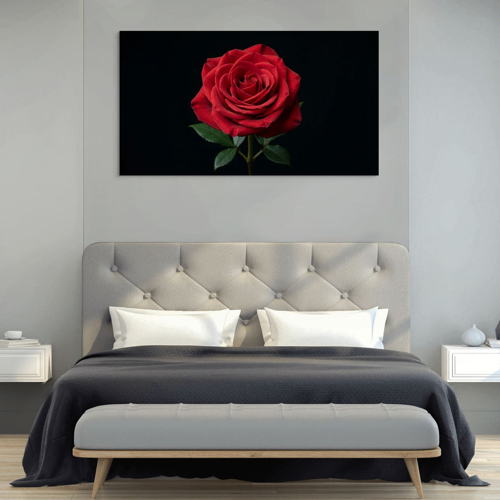 Bedroom with a large red rose painting above the bed.