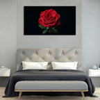 Bedroom with a large red rose painting above the bed.
