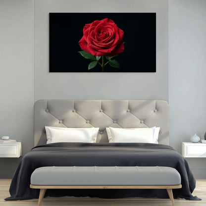 Bedroom with a large red rose painting above the bed.
