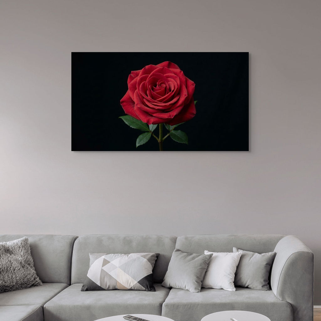 Red rose painting on a wall above a gray sofa with decorative pillows.