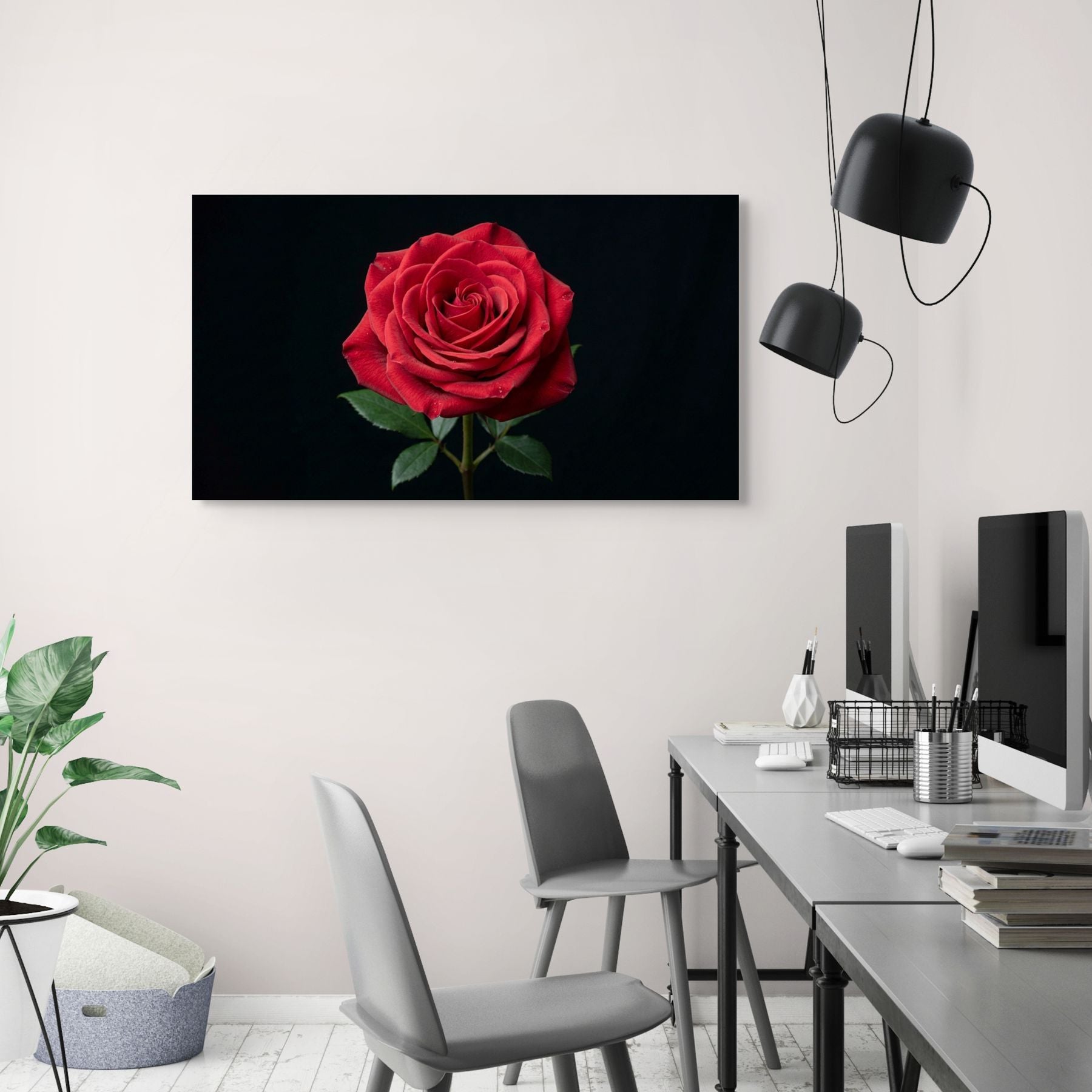 Minimalist red rose artwork with black background, elegant modern wall decor print