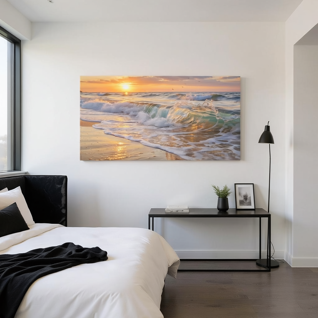 Modern bedroom with a large sunset over ocean painting on the wall.