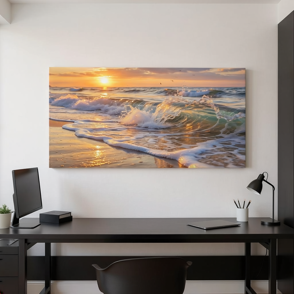 Golden Sunrise Beach Canvas Wall Art – Ocean Waves Seascape Print Secondary image